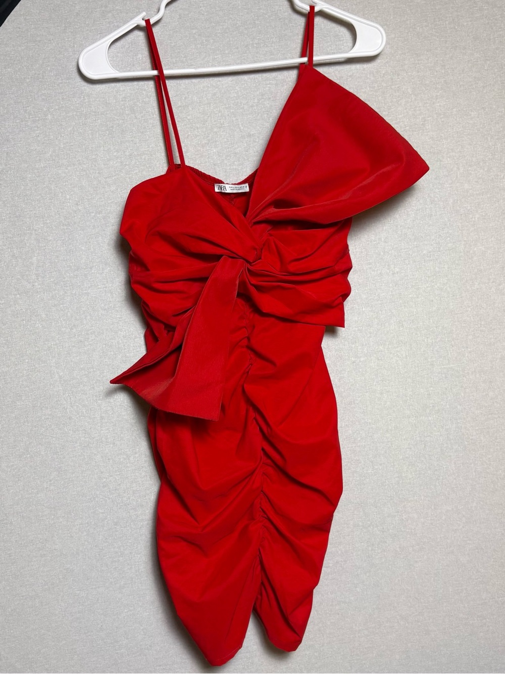 Zara Red Ruched Mini Dress with Bow Detail Size Large